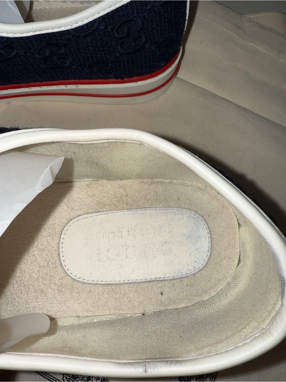 Gucci Black GG Canvas Low-Top Sneakers with White Trim and Red Stripe